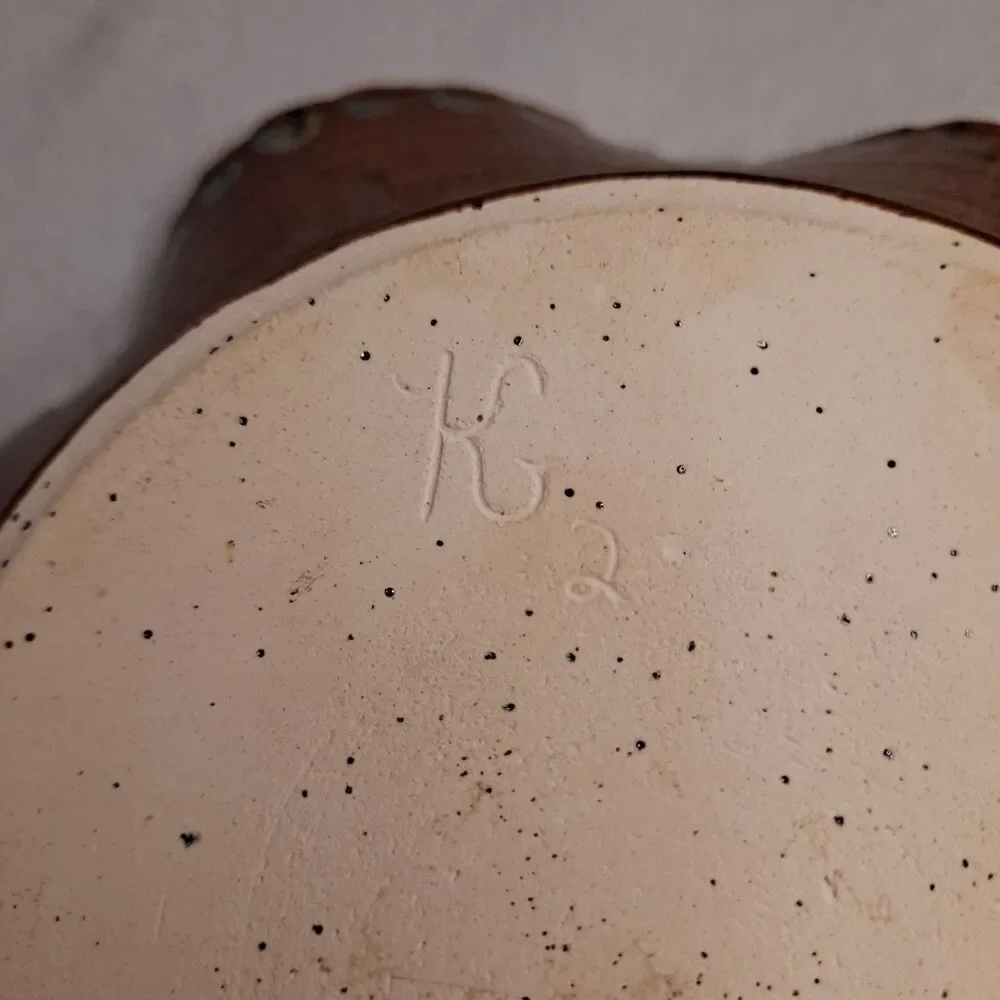 Handmade Studio Art Pottery Scalloped Bowl Marked BVP K2 Brown Blue 7-1/4